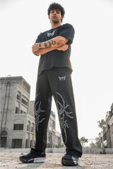 Black Grunge Straight Baggy Pants With Grey Print