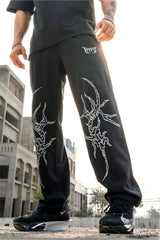 Black Grunge Straight Baggy Pants With Grey Print