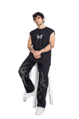 Black Grunge Straight Baggy Pants With Grey Print
