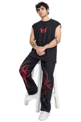 Black Grunge Straight Baggy Pants With Red Print