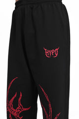 Black Grunge Straight Baggy Pants With Red Print