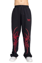 Black Grunge Straight Baggy Pants With Red Print