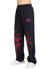 Black Grunge Straight Baggy Pants With Red Print