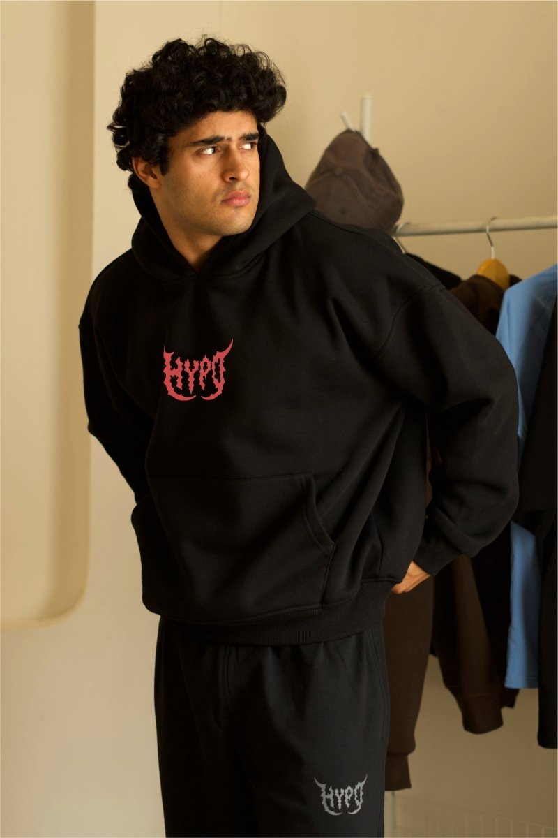 Black Grunge Oversized Hoodie With Red Print