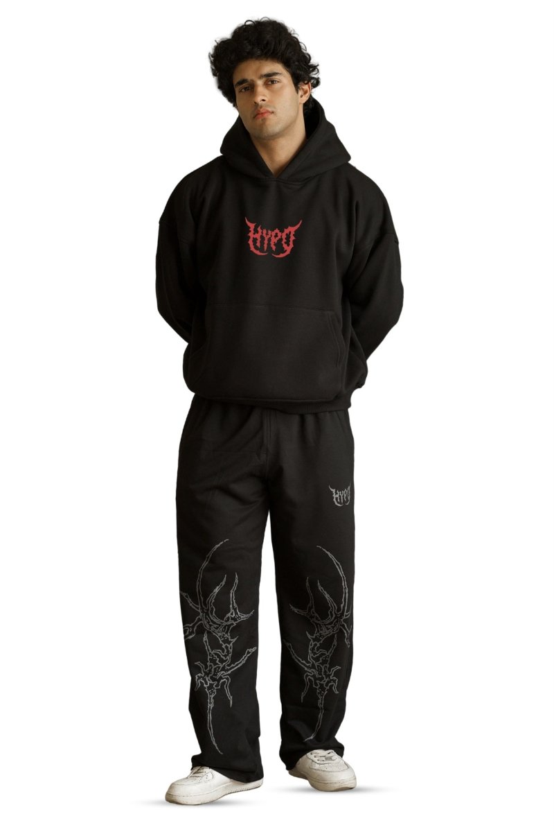 Black Grunge Oversized Hoodie With Red Print