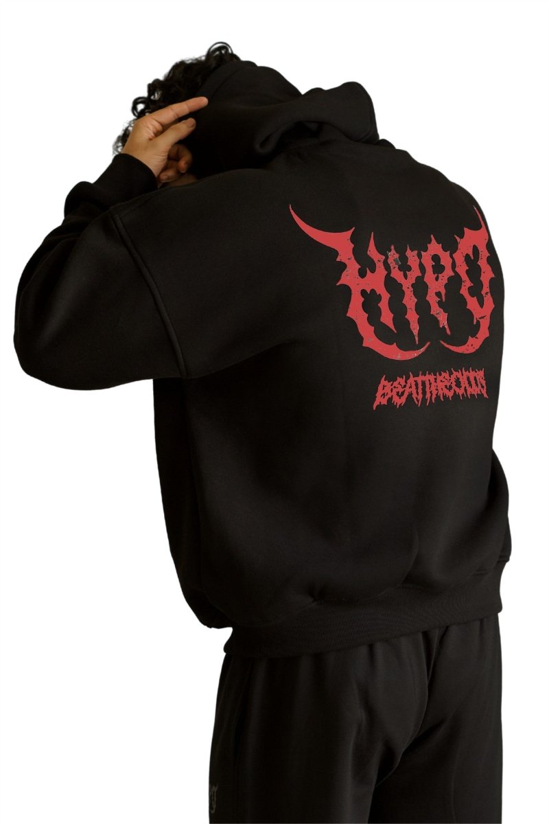 Black Grunge Oversized Hoodie With Red Print