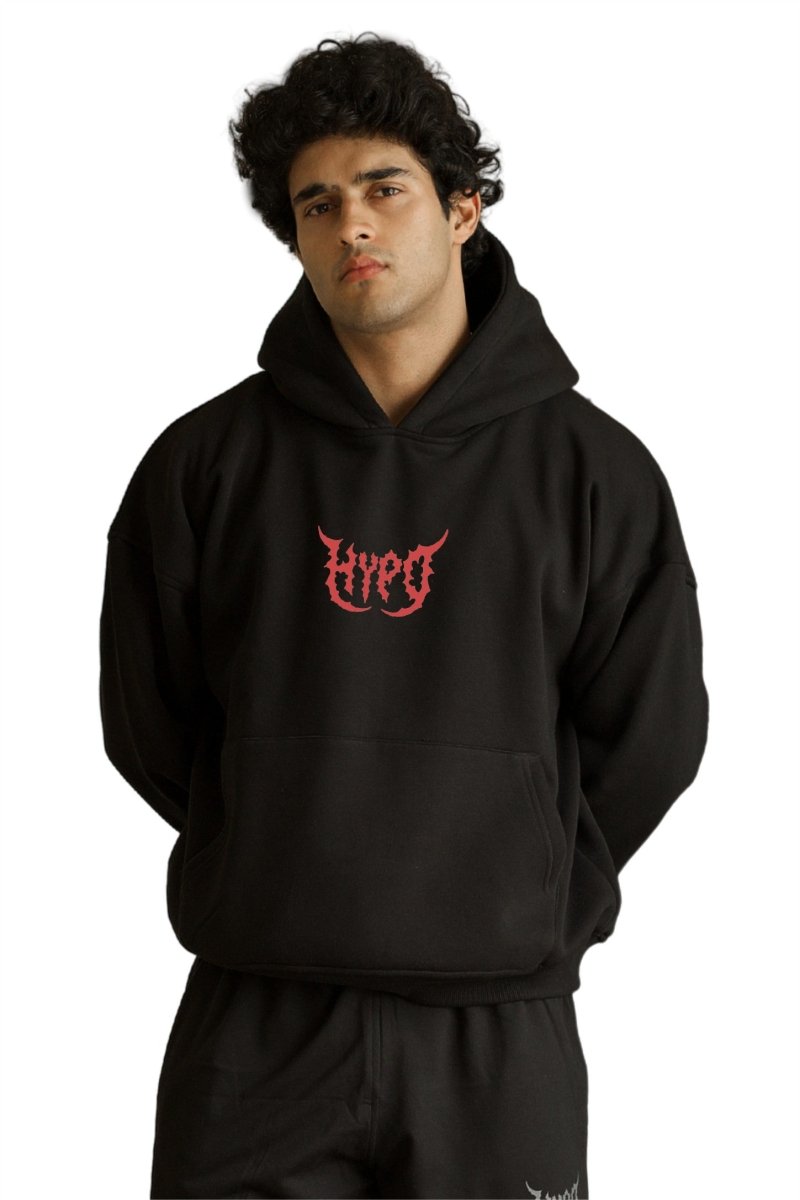 Black Grunge Oversized Hoodie With Red Print