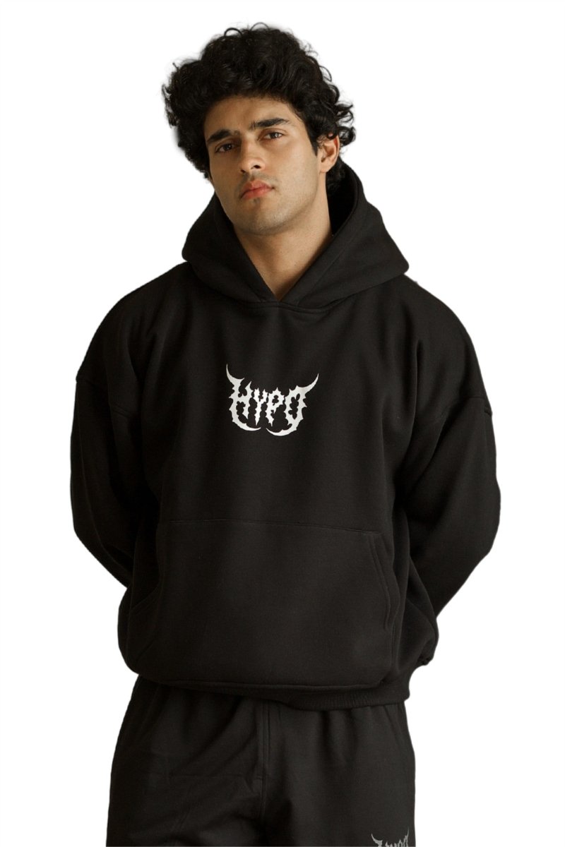 Black Grunge Oversized Hoodie With White Print
