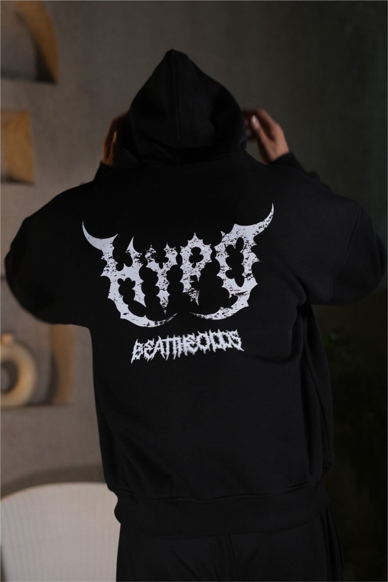 Black Grunge Oversized Hoodie With White Print