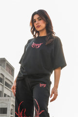 Black Grunge Oversized T-Shirt With Red Print