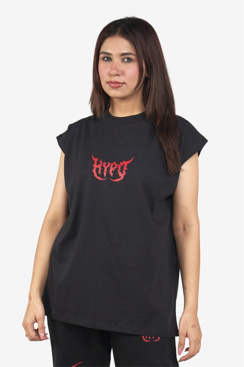 Black Grunge Oversized Tank Top With Red Print