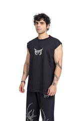 Black Grunge Oversized Tank Top With White Print