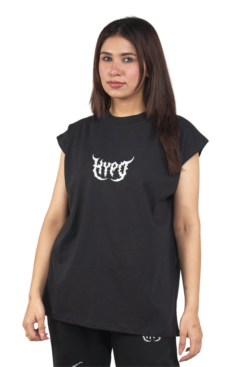 Black Grunge Oversized Tank Top With White Print