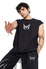 Black Grunge Oversized Tank Top With White Print