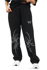 Black Grunge Straight Baggy Pants With Grey Print