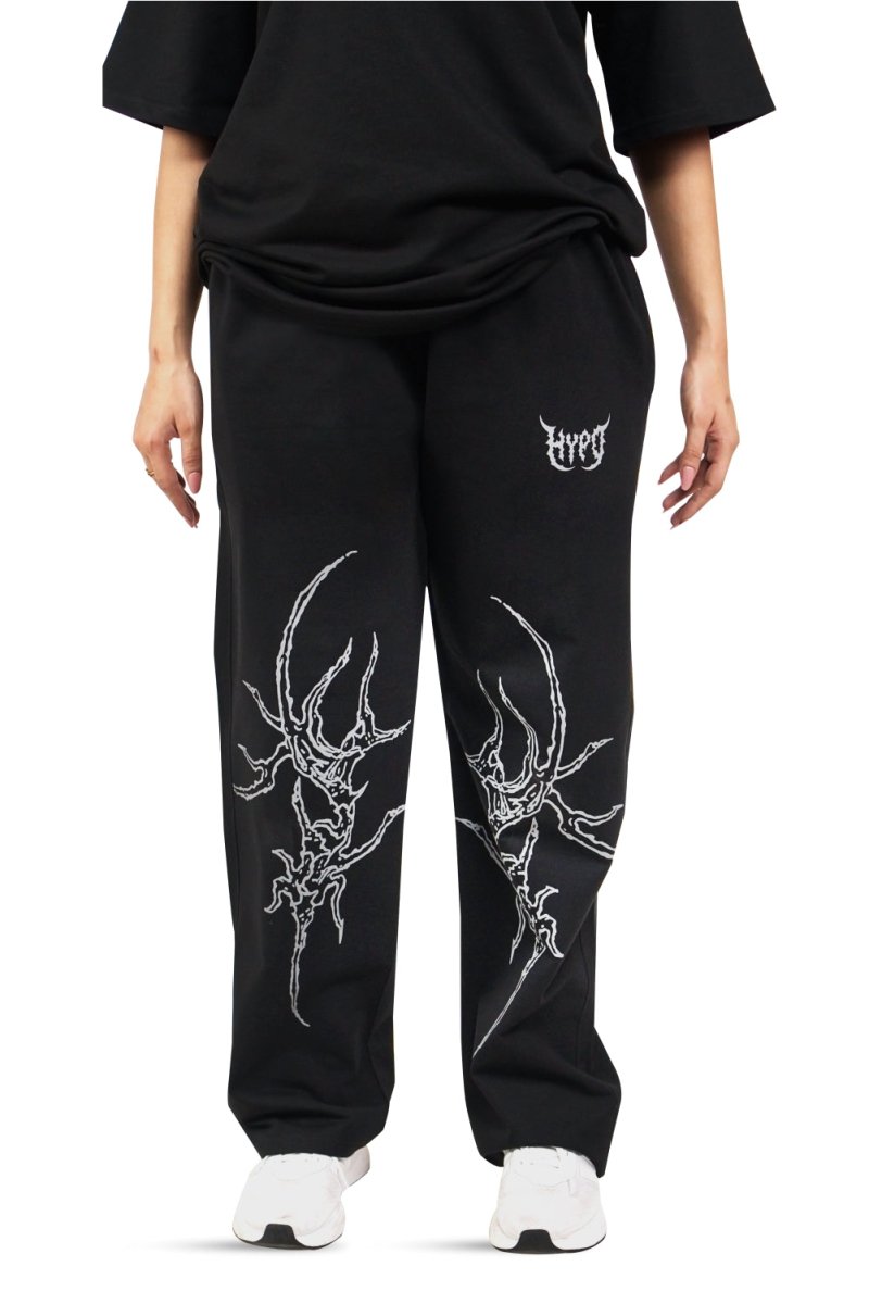 Black Grunge Straight Baggy Pants With Grey Print