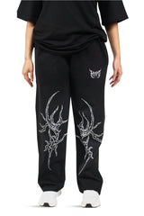 Black Grunge Straight Baggy Pants With Grey Print