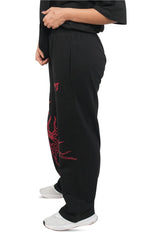 Black Grunge Straight Baggy Pants With Red Print