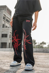 Black Grunge Straight Baggy Pants With Red Print