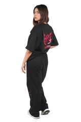 Black Grunge Straight Baggy Pants With Red Print