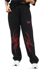 Black Grunge Straight Baggy Pants With Red Print