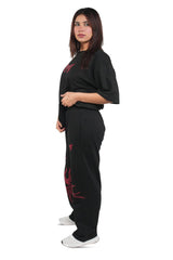 Black Grunge Straight Baggy Pants With Red Print
