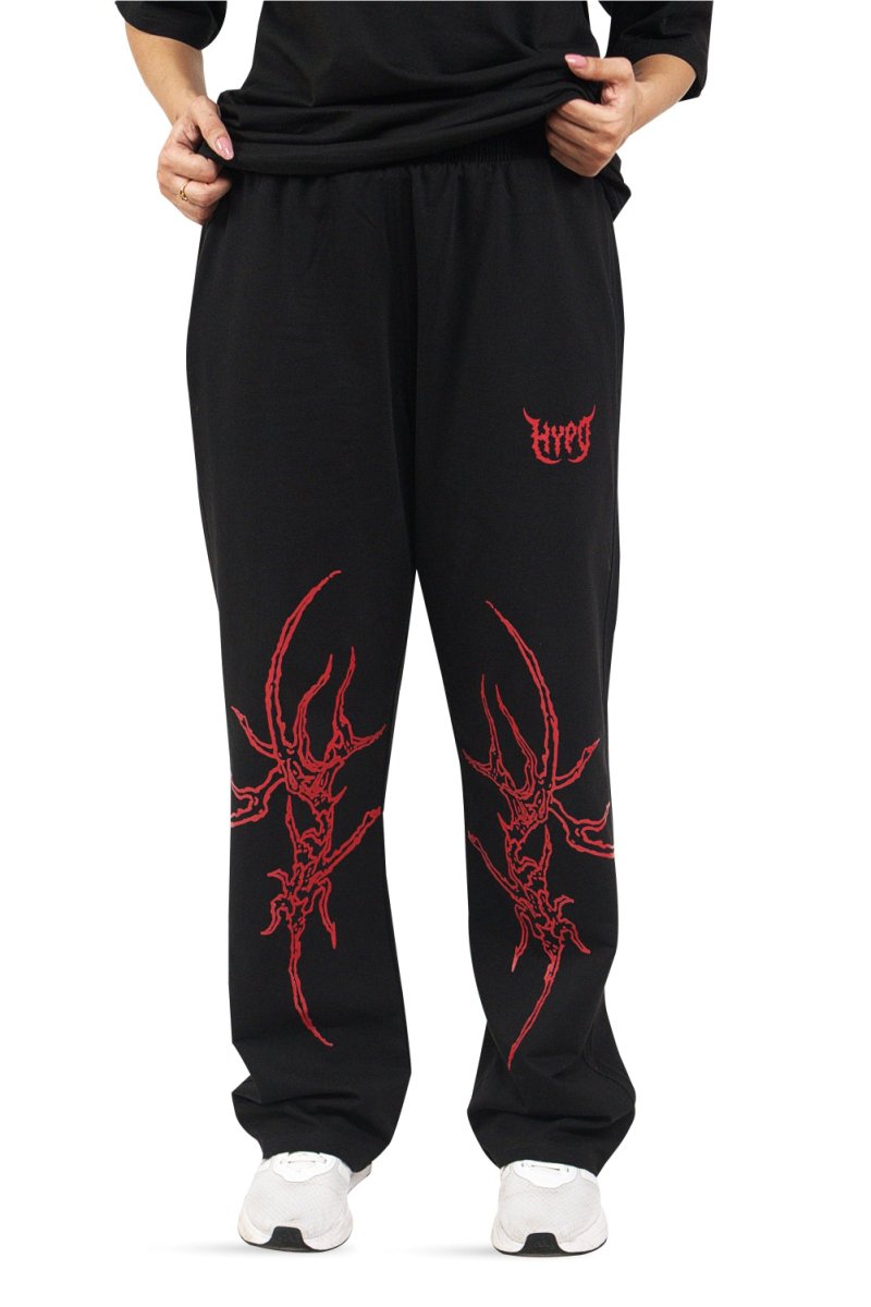 Black Grunge Straight Baggy Pants With Red Print