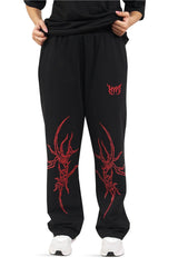 Black Grunge Straight Baggy Pants With Red Print