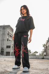 Black Grunge Straight Baggy Pants With Red Print